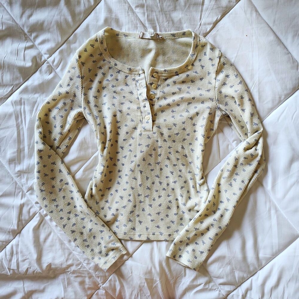 Pink Republic Cream Floral Waffle Henley Top Size S